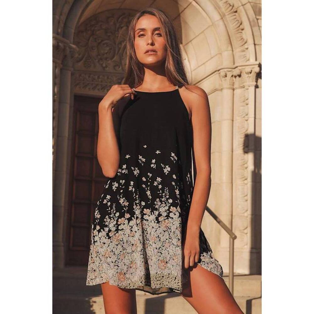 Lulus Here And Luau Black Floral Print Swing Dress - Size M